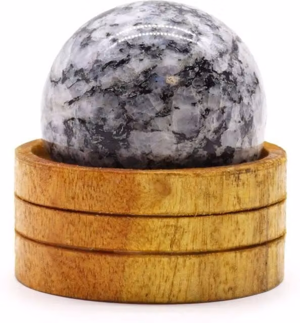 KDMD Indian Moonstone 50mm Grey Gemstone Sphere with Stand for Meditation Decor