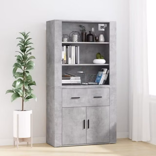 Berkfield Home Wall Mounted Highboard in Concrete Grey Matt MDF with Hinged Doors and Internal Shelves