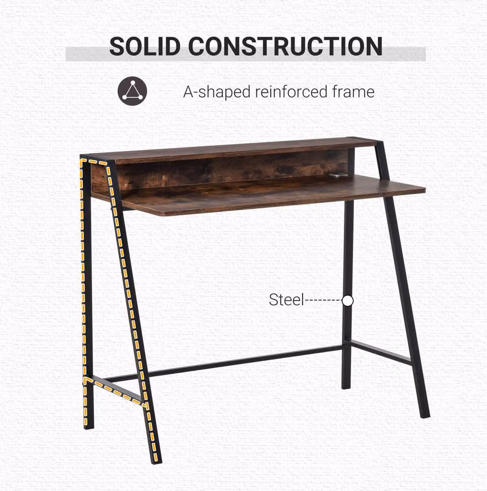 STILVORA Rustic Brown Writing Desk with Shelf, W: 100 cm, D: 45 cm, H: 85 cm – 4