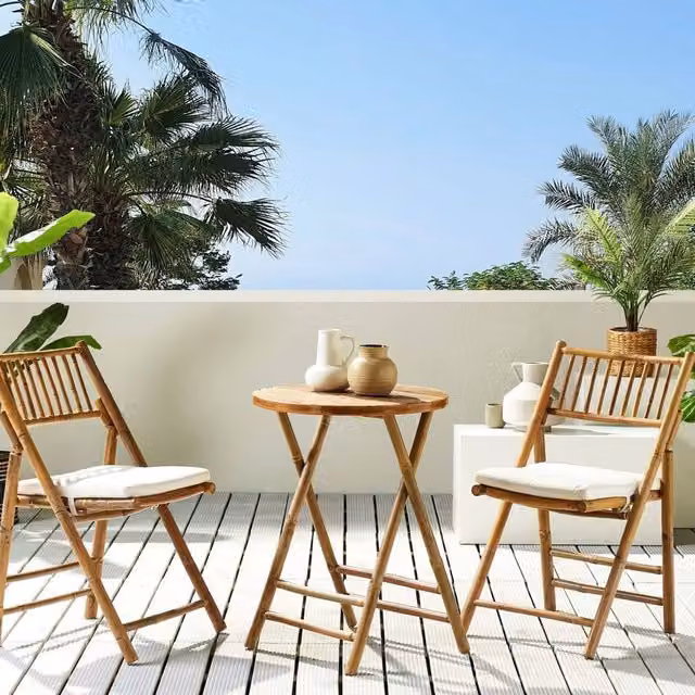 Wyld and Coco Vero 2 Seater Bamboo Bistro Set with Brown and Off-White Cushions