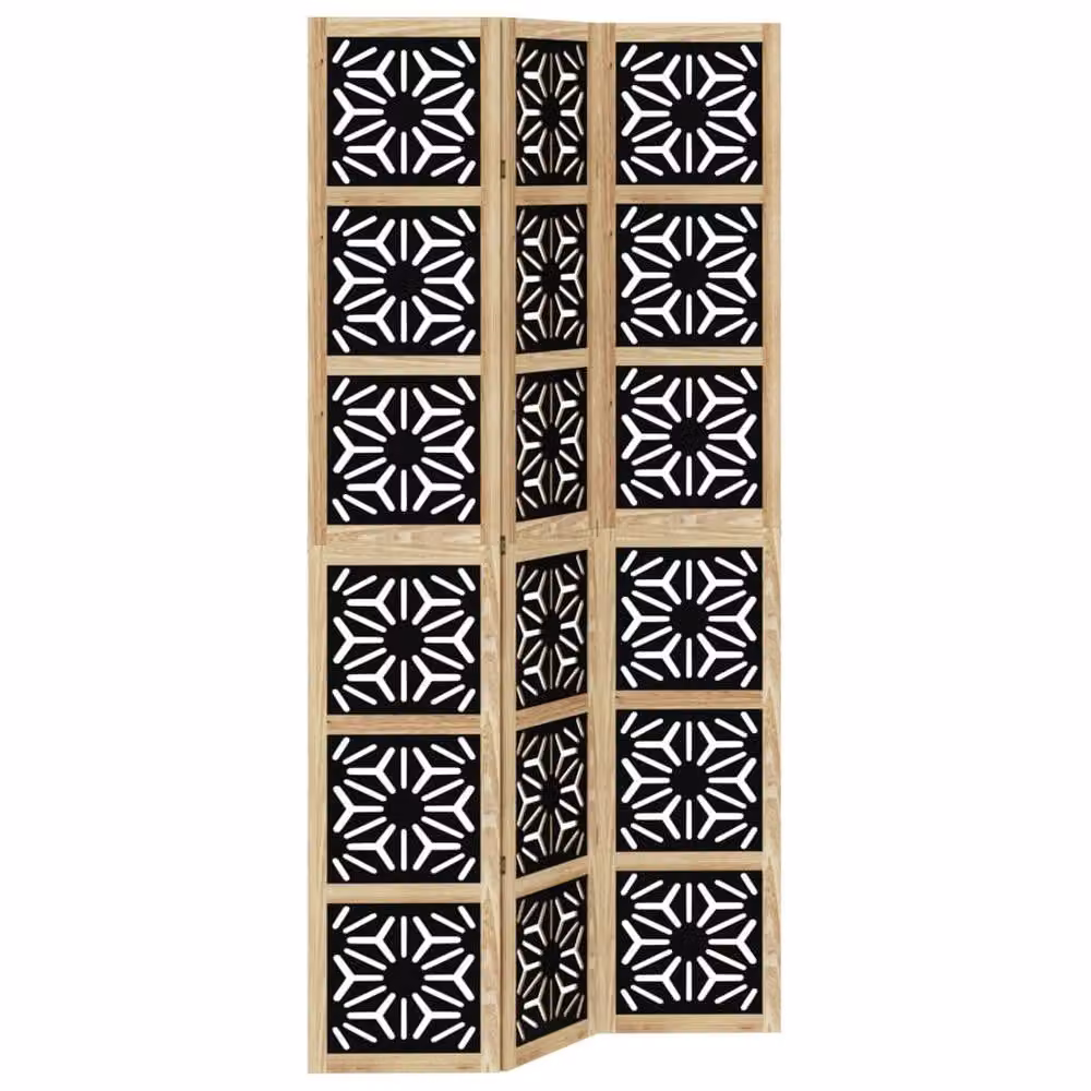 Berkfield Home 3 Panel Geometric Room Divider in Brown and Black Solid Paulownia Wood – 2