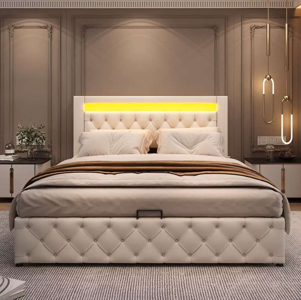 STILVORA White Upholstered King Size Bed with Storage, LED Lighting and Synthetic Leather, W: 150 cm, D: 200 cm – 3