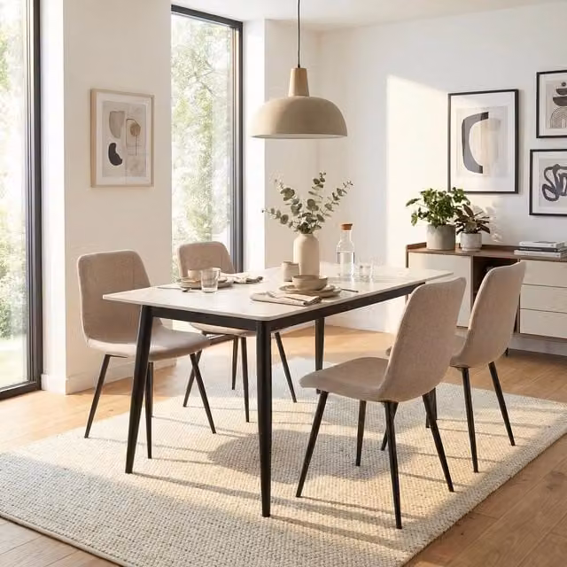 FWStyle 5 Piece Cream Dining Set with Sintered Stone Rectangular Table and Brown Chairs