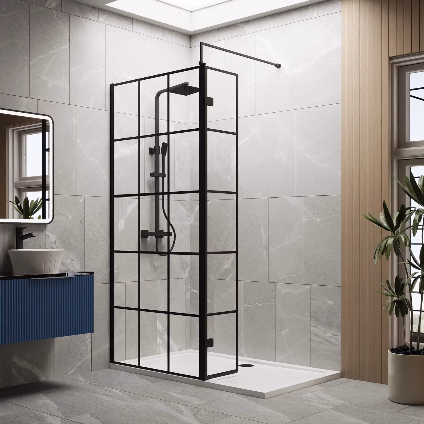 Balterley 8mm Glass Walk-in Wetroom Screen and Return with Tray, Black Framed, W/D/H: 140 x 90 cm – 2