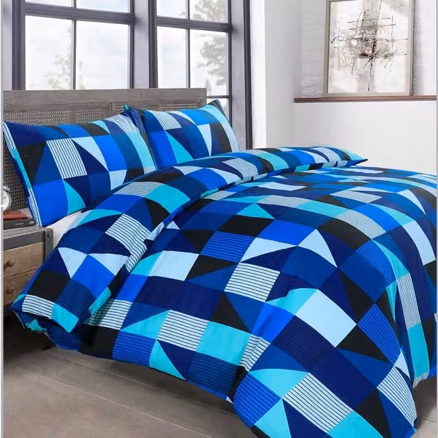 Velosso Blue Graphic Modern Polycotton Duvet Cover and Pillowcase Set, 90 x 200 cm