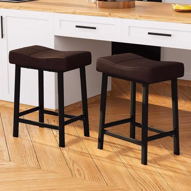 London Boutique Set of 2 Brown Padded Synthetic Leather Kitchen Bar Stools with Metal Footrests, Counter Height: 60.96 cm – 1