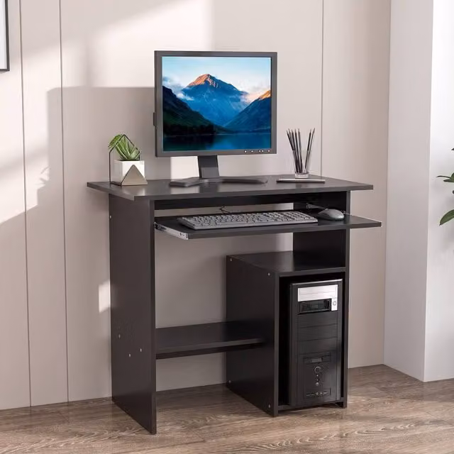 STILVORA Modern Computer Desk with Keyboard Tray and Shelves in Black