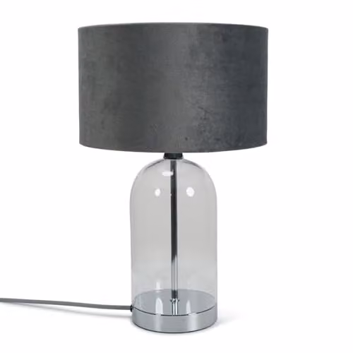 ValueLights Glass and Chrome Metal Table Lamp with Grey Fabric Lampshade and Warm White LED Bulb