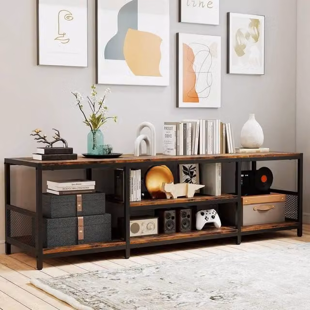 Kelvenix Industrial Media Console Table and TV Stand in Brown with Wood and Metal Construction – 1