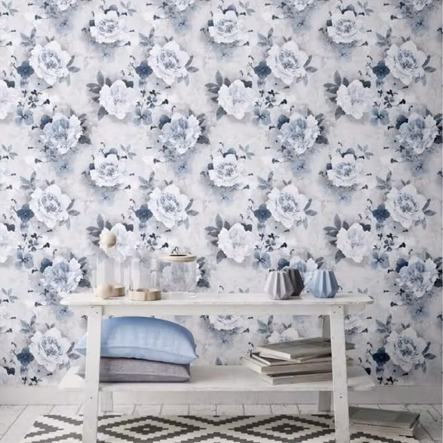Muriva Lola Blue Floral Textured Wallpaper with Silver Glitter Gallery Flowers - Blue