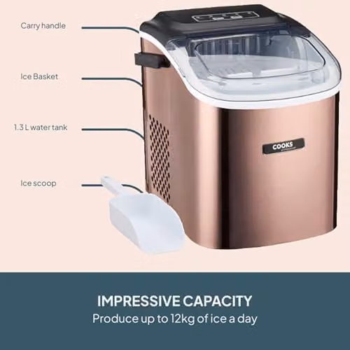 Cooks Professional 12kg Countertop Ice Maker Machine in Copper with Ice Scoop and 1.3L Water Tank – 4