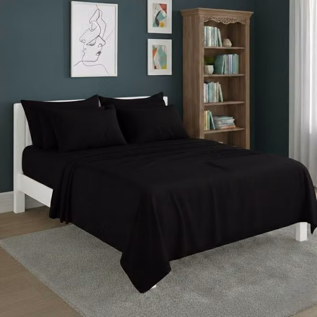 Snug City Plain Black Poly Cotton Easy Care Fitted Sheet and Matching Pillowcase Set, Single (90 x 190 cm) – 1
