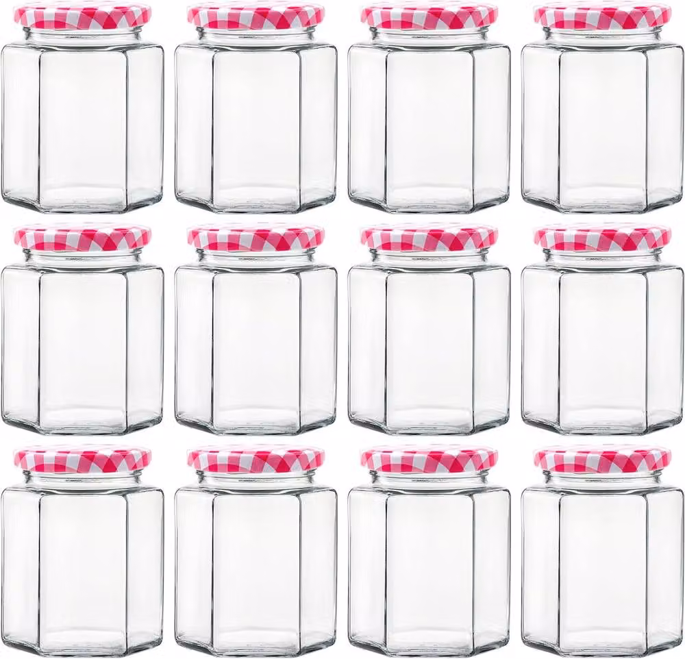Volila 12 Pack Hexagonal Clear Glass Jam Jars with Screw Lids, 350 ml – 2