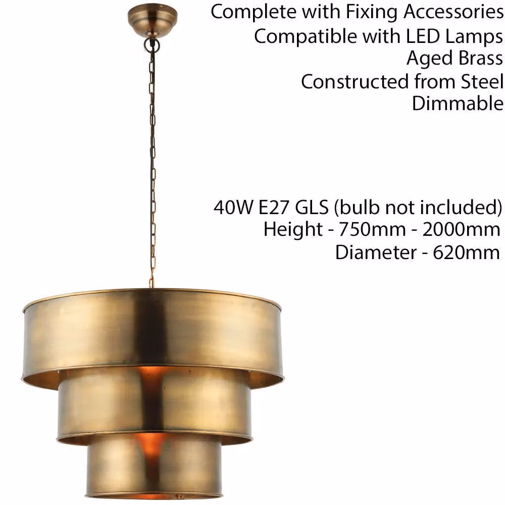 Loops Hanging Ceiling Pendant Light in Aged Brass with 3 Ring Metal Shade – 2