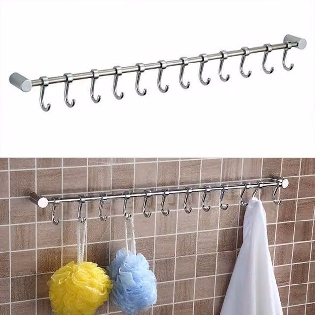 Kitchen Craft Silver Stainless Steel 12 Hook Wall Mounted Hanging Rack for Kitchen and Bathroom