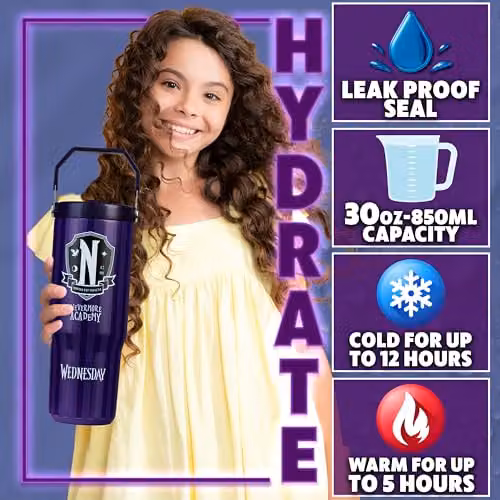 Get Trend Wednesday Insulated Metal Travel Tumbler with Flip Up Straw and Handle, 850ml, Purple – 2