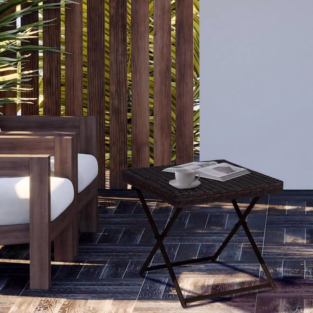 STILVORA Folding Side Table with Brown PE Rattan and Steel Frame – 2