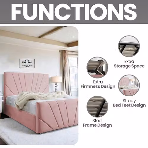 Living Comfort Bedz Sunrise Bed in Pink Plush Velvet with Black Board Base, 5ft King Size – 3