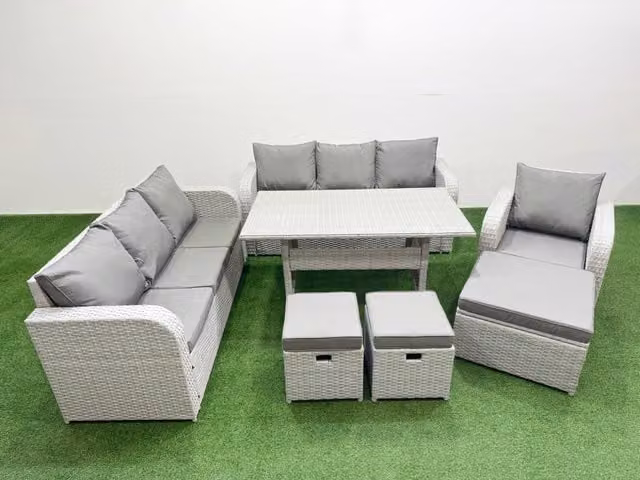 Fimous 10 Seater Poly Rattan Outdoor Garden Furniture Set in Grey with Rectangular Dining Table, 3 Seater Sofas, Reclining Chair and 3 Stools
