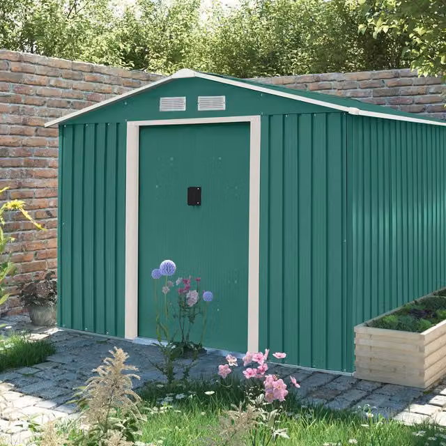 Charles Bentley Metal Garden Storage Outdoor Shed with Sliding Doors and Side Vent, Green
