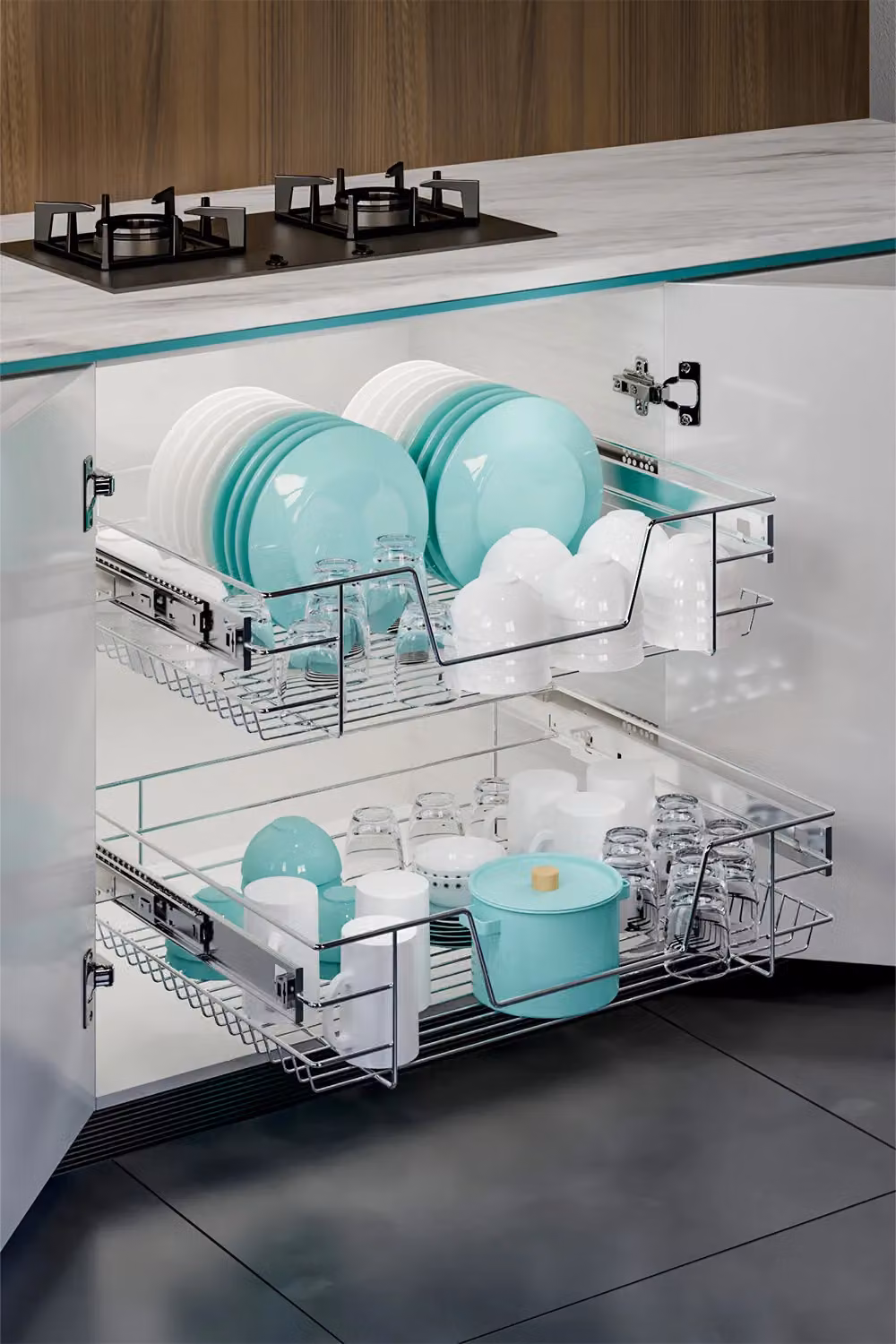 Living and Home 2-Piece Silver Metal Kitchen Cabinet Pull Out Shelf and Pantry Storage Basket Drawer Organisers – 5