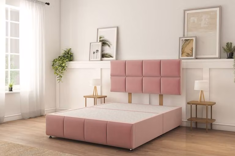 Sloomy Brington Pink Velvet Plush Divan Bed Base with 26 inch Strutted Headboard, Double, W/D/H: 140 x 200 cm