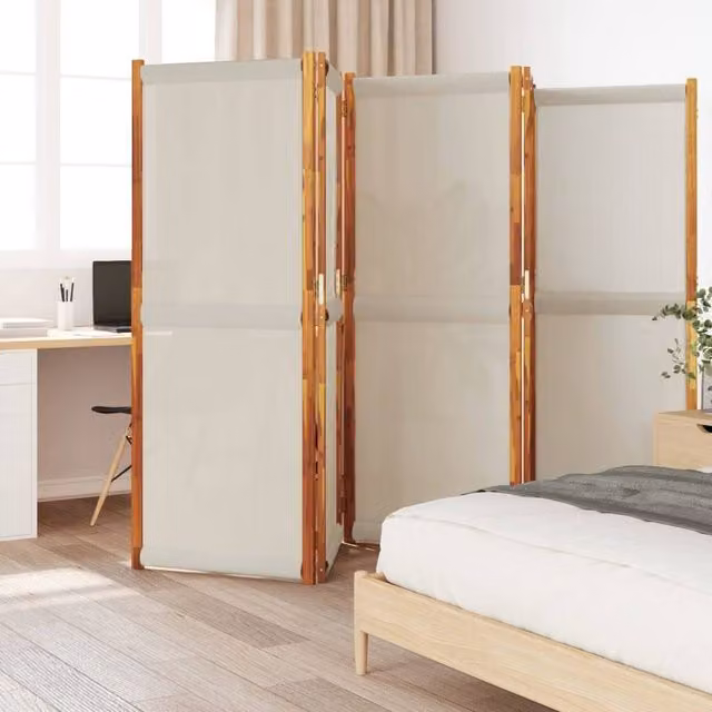 Berkfield Home 5-Panel Acacia Wood Room Divider in Light Grey, W: 350 cm, H: 180 cm – 1
