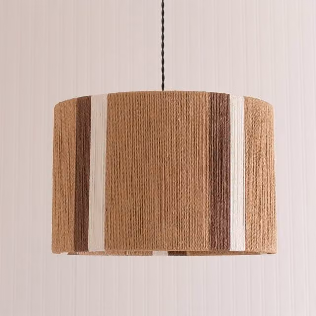 ValueLights Erica Stripe Pattern Rattan Wicker Drum Ceiling Lamp Shade in Beige and Yellow