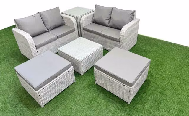 Fimous 6 Seater Rattan Garden Furniture Set in Light Grey with L-Shape Sofa, Coffee Table and Ottoman