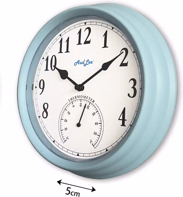 Pololio Round Analog Wall Clock with Thermometer in Pastel Blue and Yellow