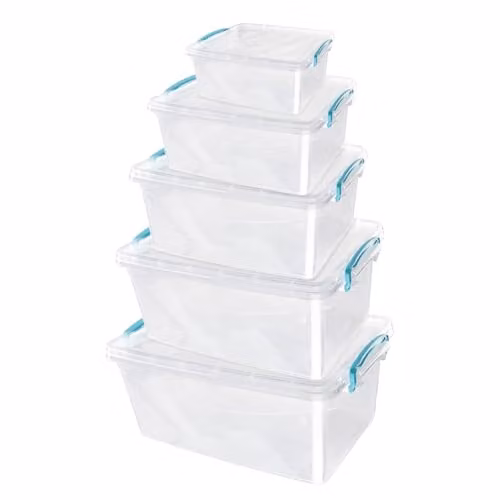 JVL Transparent Plastic Clip Lidded Food Storage Box Set of 5, 1.6 l, 3 l, 5 l, 8.5 l, 13.5 l