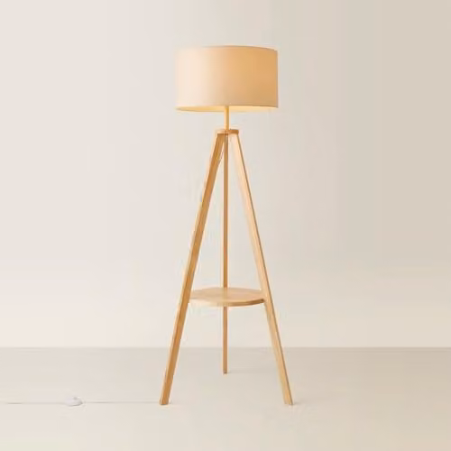 ValueLights Morrigan Modern Wood Tripod Floor Lamp with Beige Fabric Shade and Warm White LED Bulb, H 148 cm x W 45 cm x D 45 cm – 1