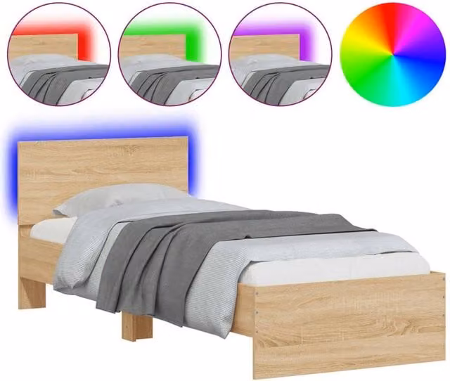 Berkfield Home Single Bed Frame in Sonoma Oak with LED Lights and USB Charging Port, Brown, W/D/H: 90 x 190 cm