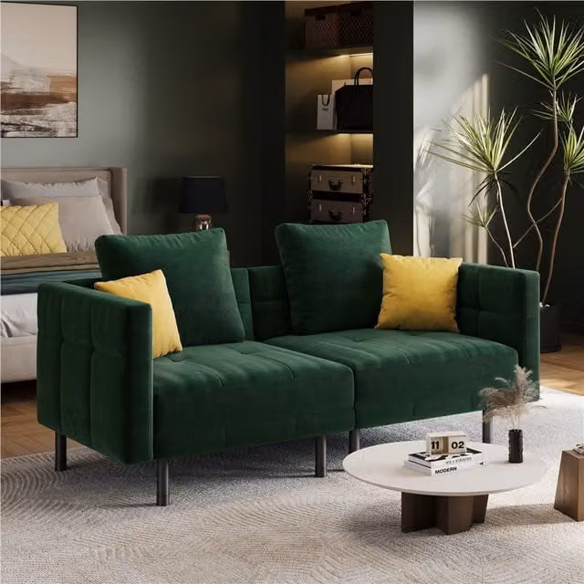 Yaheetech Green Velvet Split Design Convertible Sofa Bed with Scatter Cushions