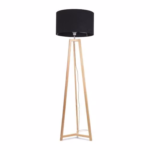 ValueLights Natural Wood Tripod Floor Lamp with Black Fabric Drum Lampshade and Included LED Bulb, H 158 cm x W 45 cm x D 45 cm