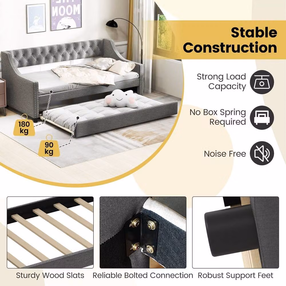 Costway Grey Linen Upholstered Single Size Daybed with Trundle Bed Frame – 7