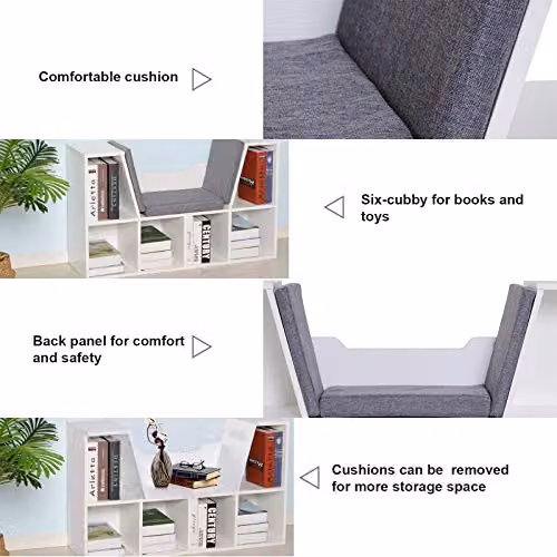 HOMCOM Bookcase Storage Unit with Six Cubes and Cushioned Reading Seat Bench, White and Brown – 3