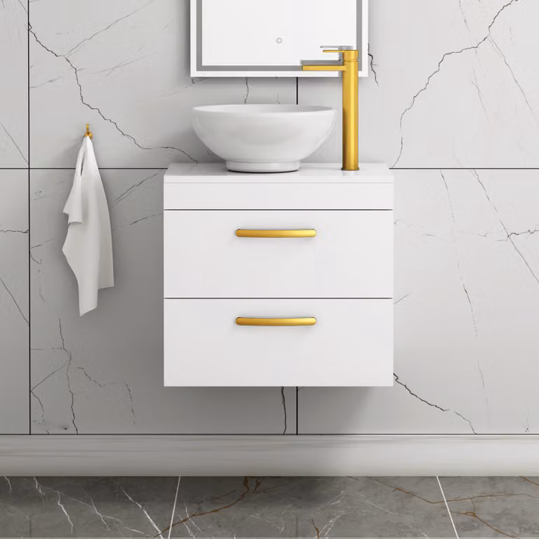 Royal Bathrooms Gloss White 600mm Wall Hung 2 Drawer Vanity Unit with Breeze Countertop Basin and Brushed Brass Handle