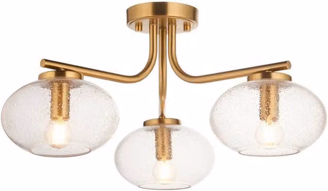 Netlighting Jacob Semi Flush Ceiling Lamp in Warm Brass with 3x E14 Transparent Bubble Glass Spheres