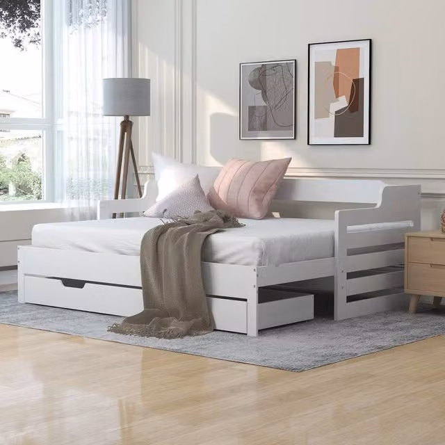 BTM White 3FT Daybed with Storage Drawer and Trundle, W/D/H: 190 x 90 x 66 cm