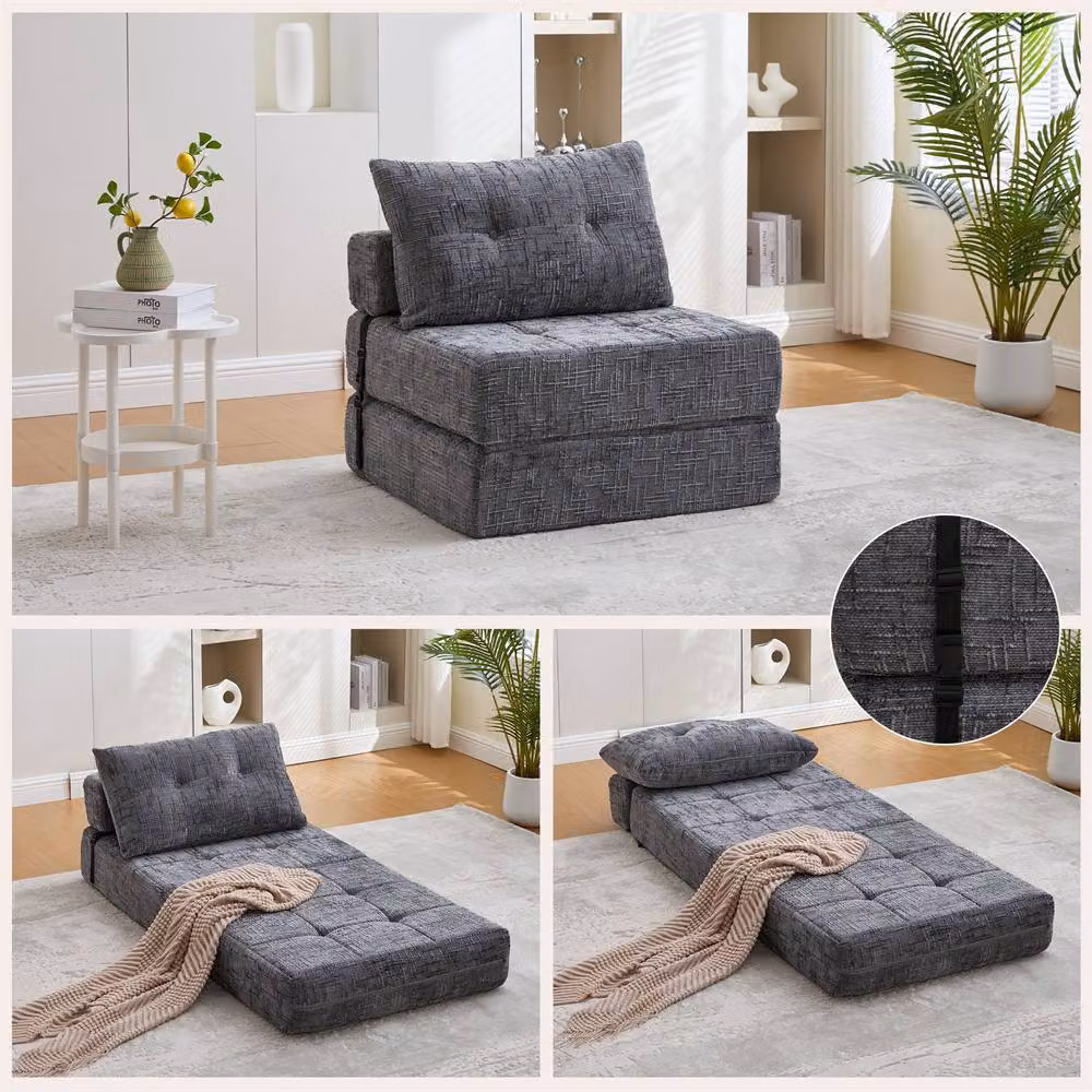 Direct Wicker Grey Chenille Tufted Folding Sofa Bed with Pillow and Back Support – 4