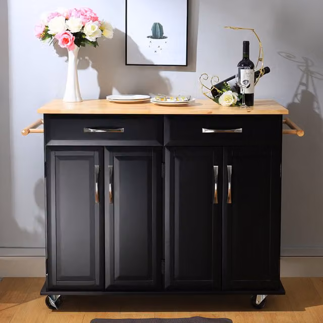 Livingandhome Black Pine and Rubberwood Kitchen Catering Trolley with Cabinets