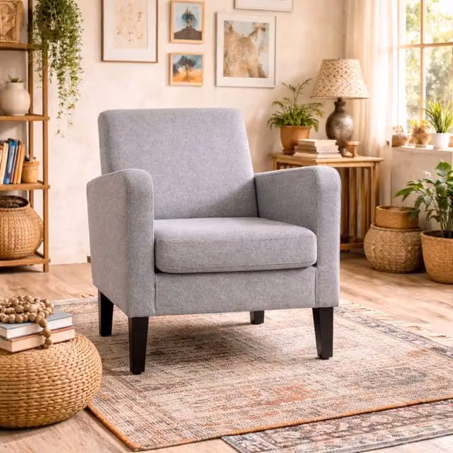 Wyld Haus Lurasa Grey Linen Look Box Armchair with Solid Wood Frame – 1
