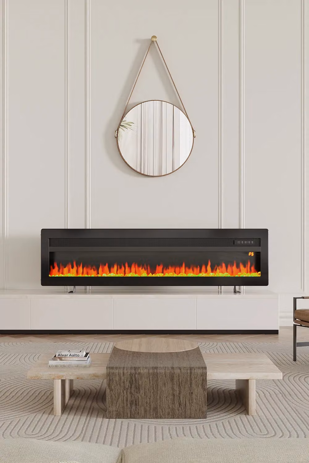 Living and Home 60 Inch 3-in-1 Recessed Electric Fireplace, 1800W with 12 Adjustable Multicolour Flames and Remote Control, Black – 4