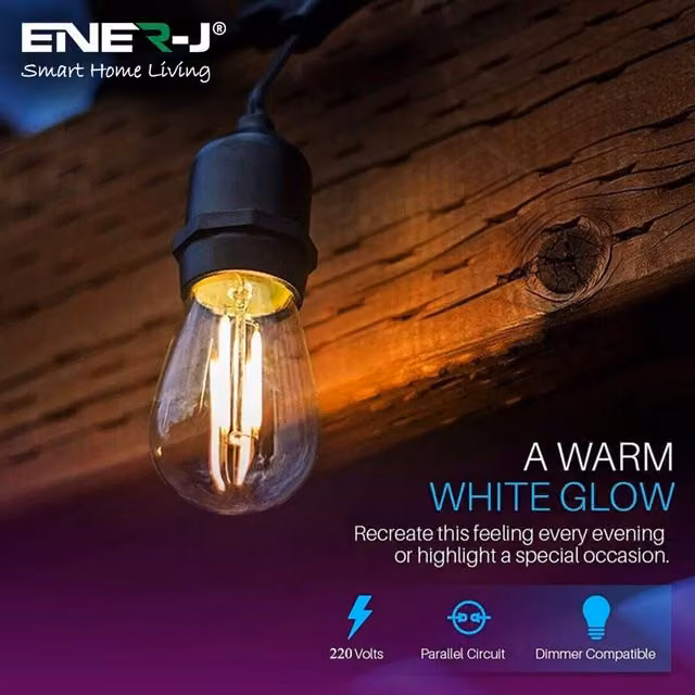 ENERJ 10.2m Outdoor LED Festoon String Lights with 10 x 2W E27 Vintage Filament Bulbs, IP65 Waterproof, Warm White, Black – 7
