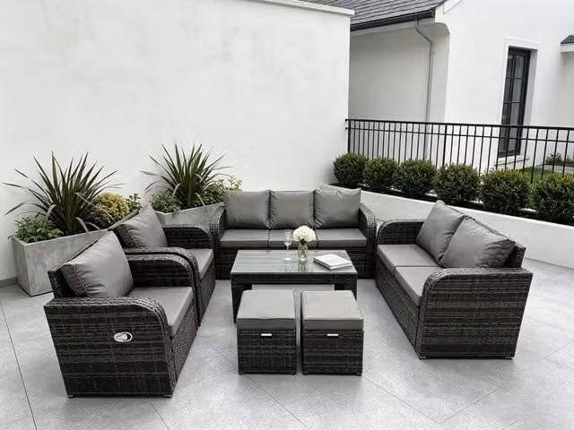 Fimous Grey PE Rattan 9 Seater Outdoor Lounge Set with Reclining Sofa, Coffee Table and Ottomans
