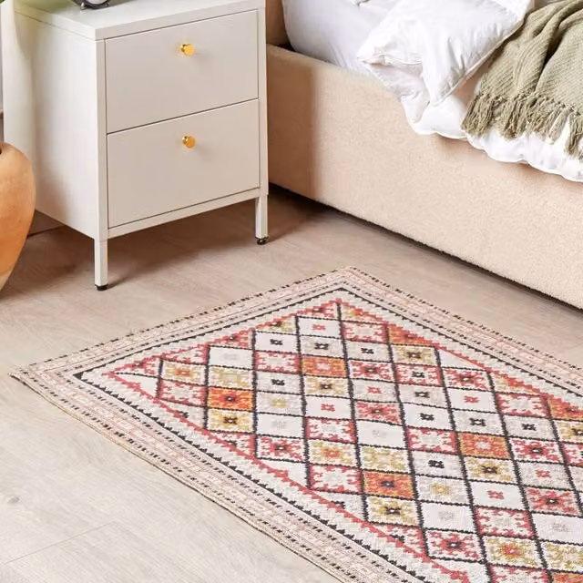 Wyld and Coco Flat-Weave Cotton Geometric Area Rug in Multicolour Beige, W: 80 cm, L: 150 cm