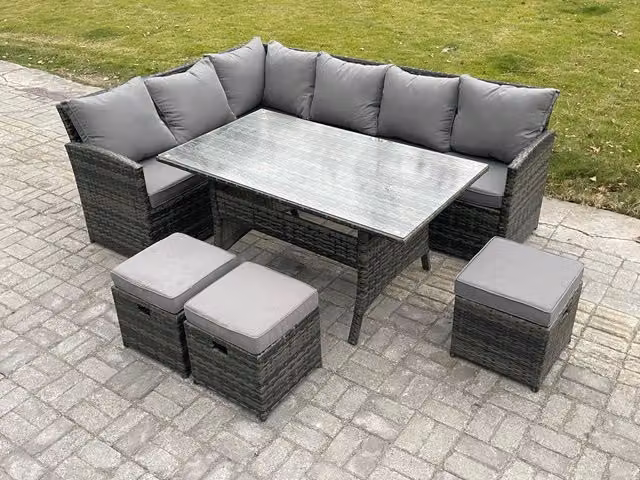 Fimous Dark Grey Rattan Garden Furniture Set with Corner Sofa, Rectangular Dining Table and 3 Footstools