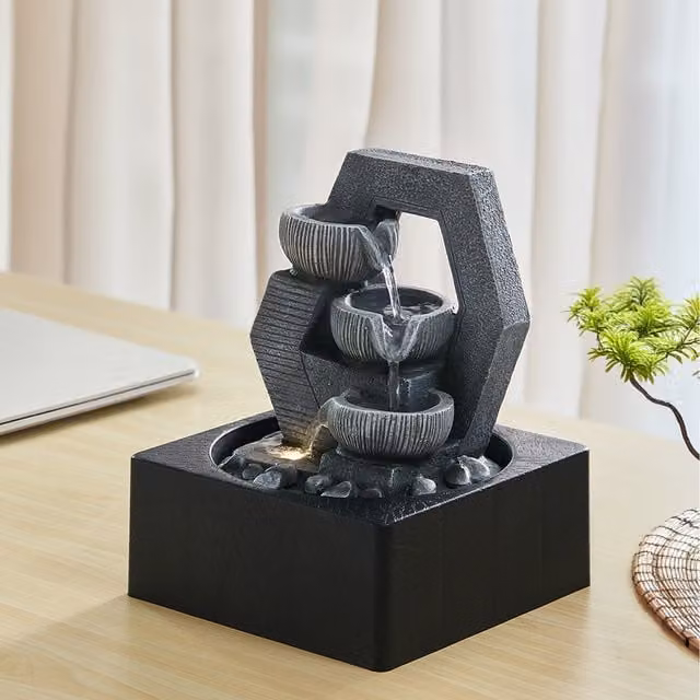 Lifeideas Grey Ceramic Cascading Bowls Tabletop Fountain with LED Light, Height: 18 cm