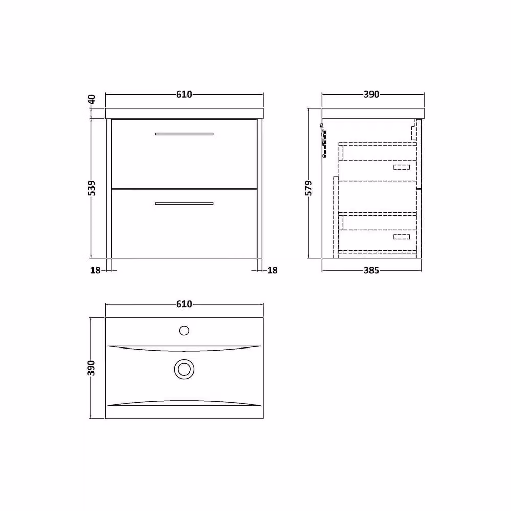 Balterley Winshill Contemporary 2 Drawer Wall Hung Vanity Basin Unit, Grey, Width: 60 cm – 3